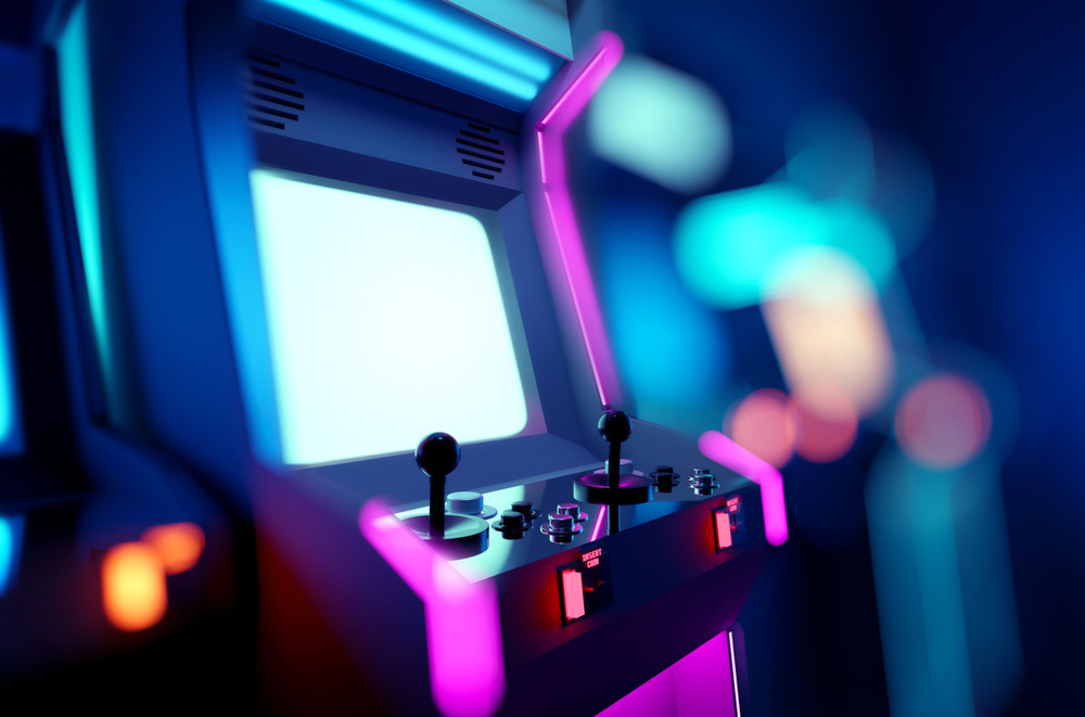 Retro neon glowing arcade machines in a games room